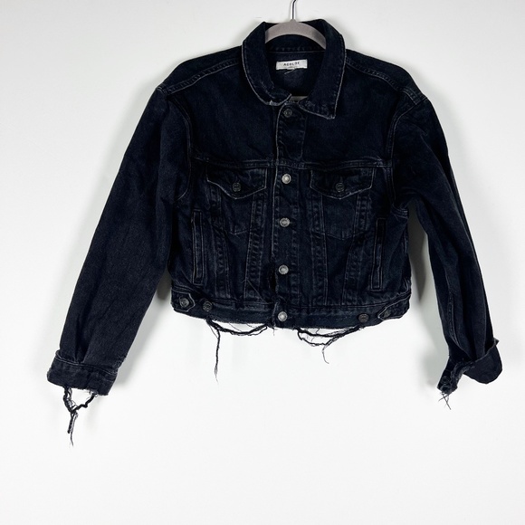 Agolde Denim Shrunken Charli Organic Cotton Distressed Jean Jacket Jagged Black - Picture 1 of 4